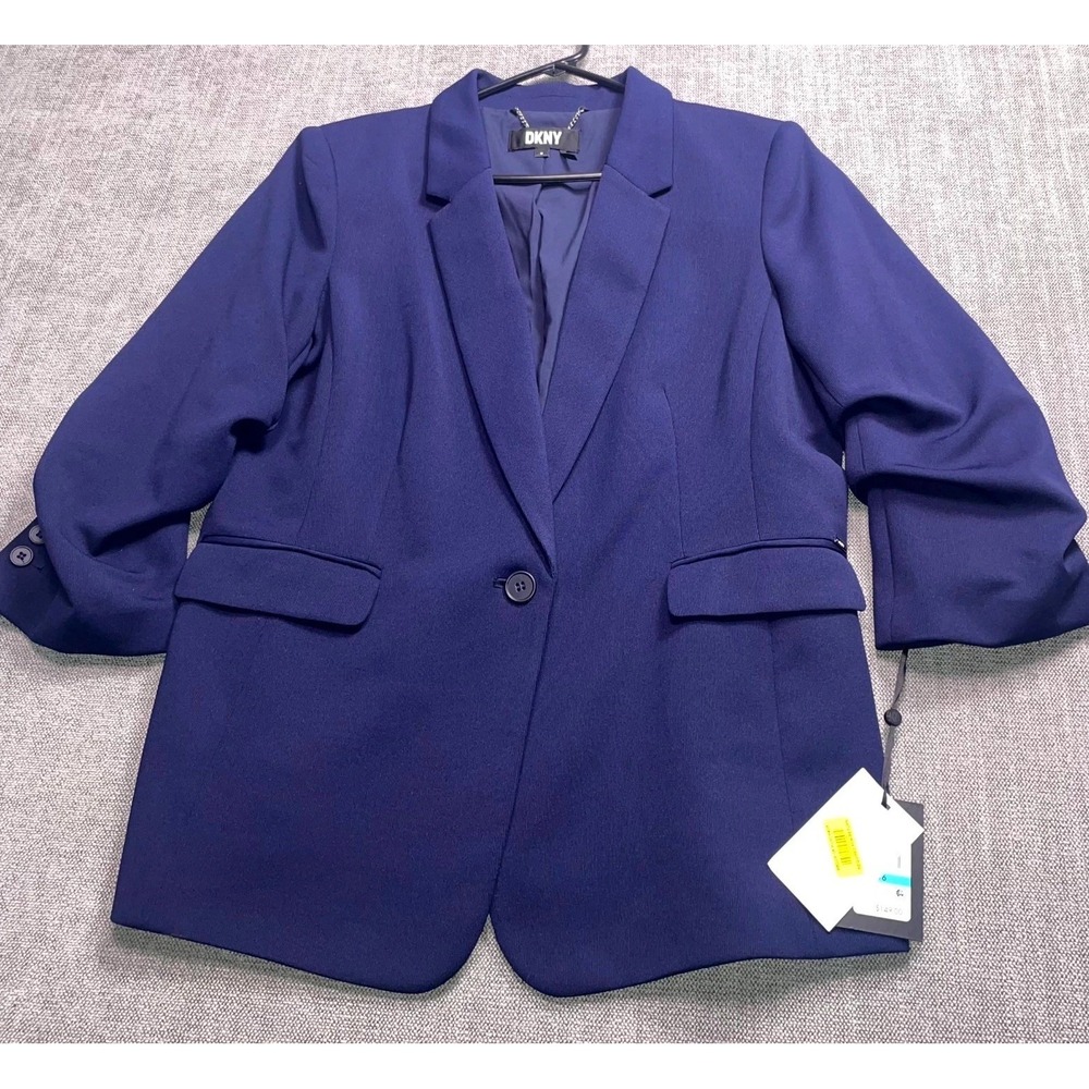 DKNY Blazer Jacket Women 16 Navy Blue Stretch Single Breasted Notch Lapel Formal